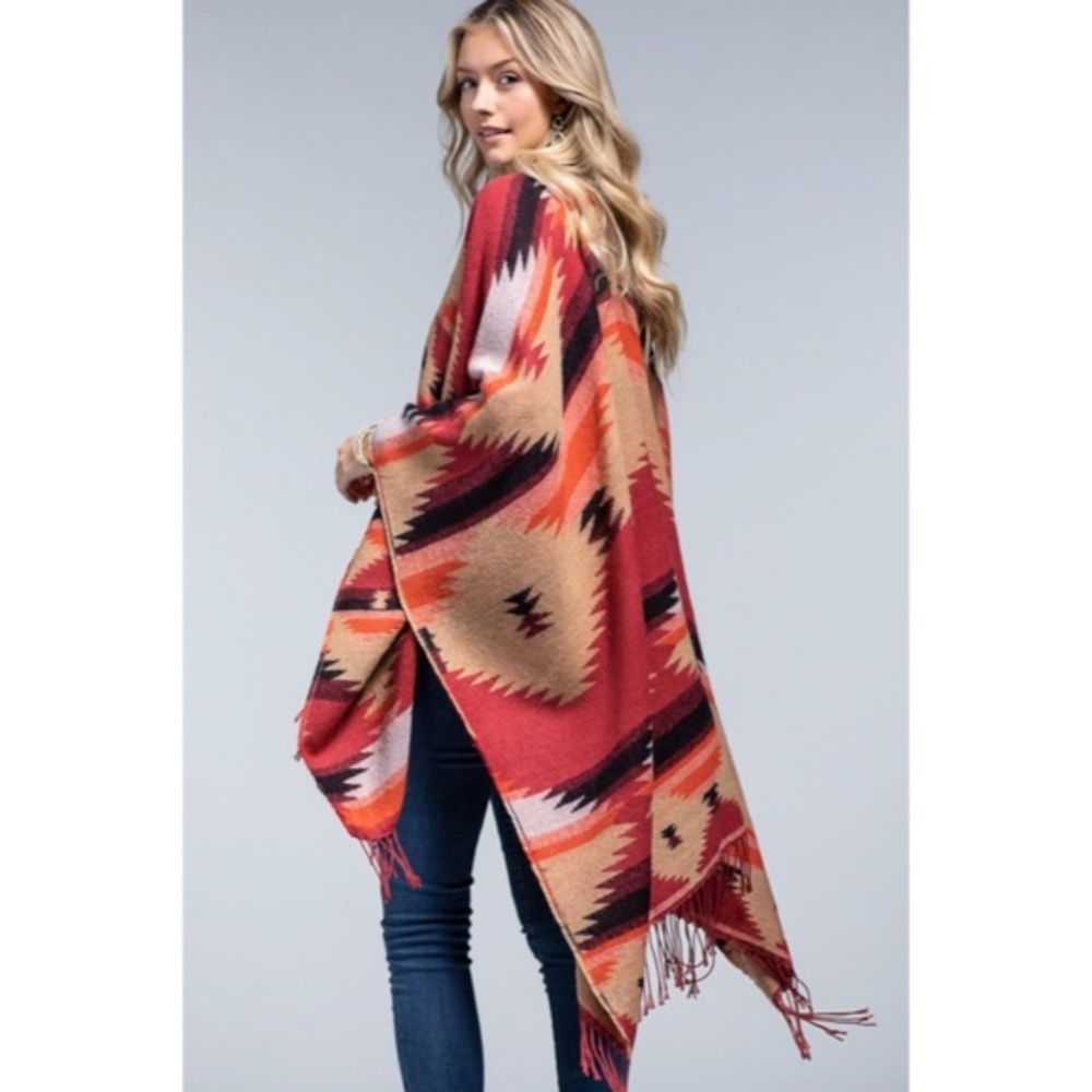 Red Rock Western Ethnic Oversized Knit Ruana Fringe Wrap Open Poncho Fall Casual - Picture 6 of 7